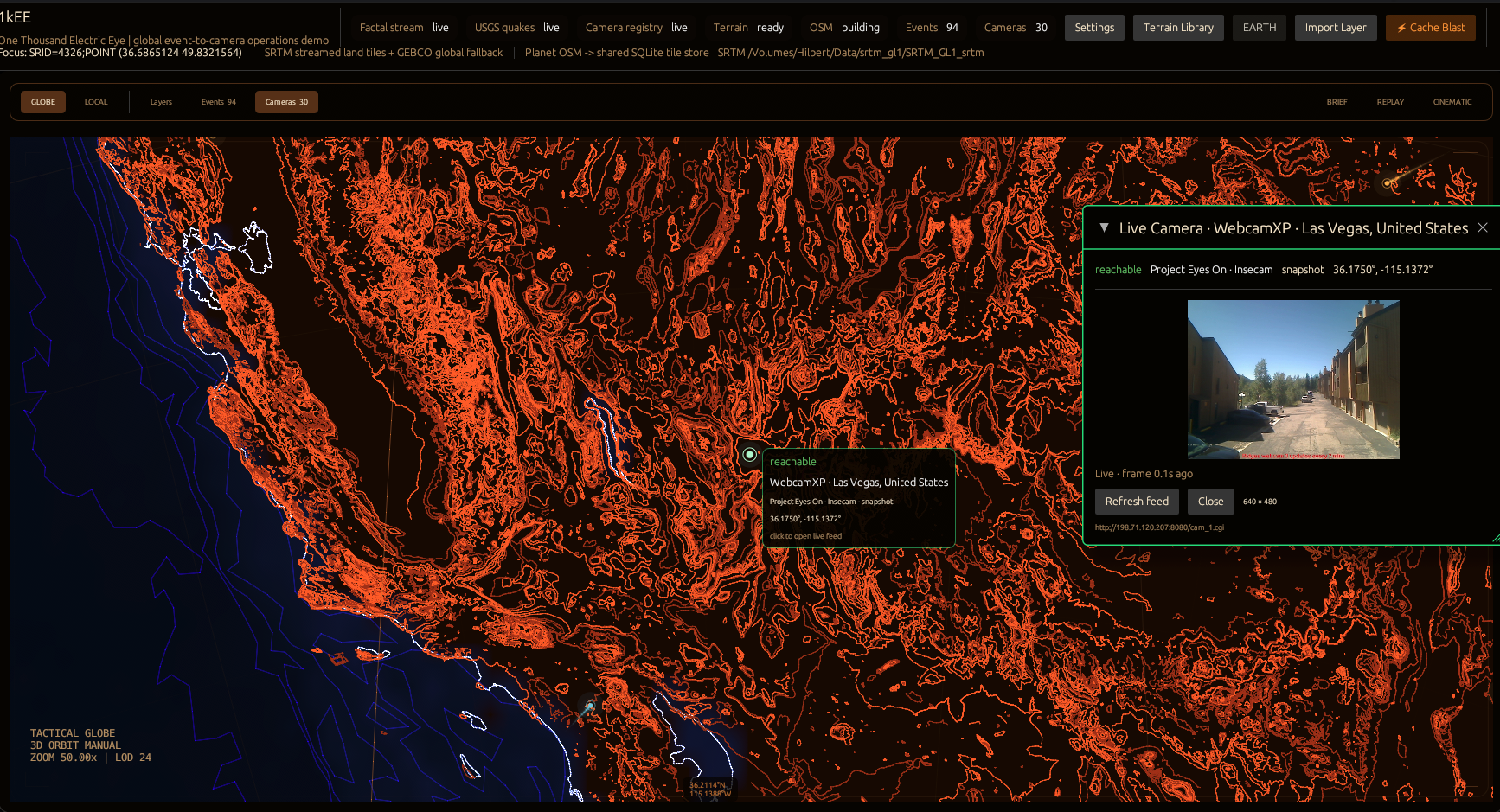 Globe view with terrain contours and an open camera panel.