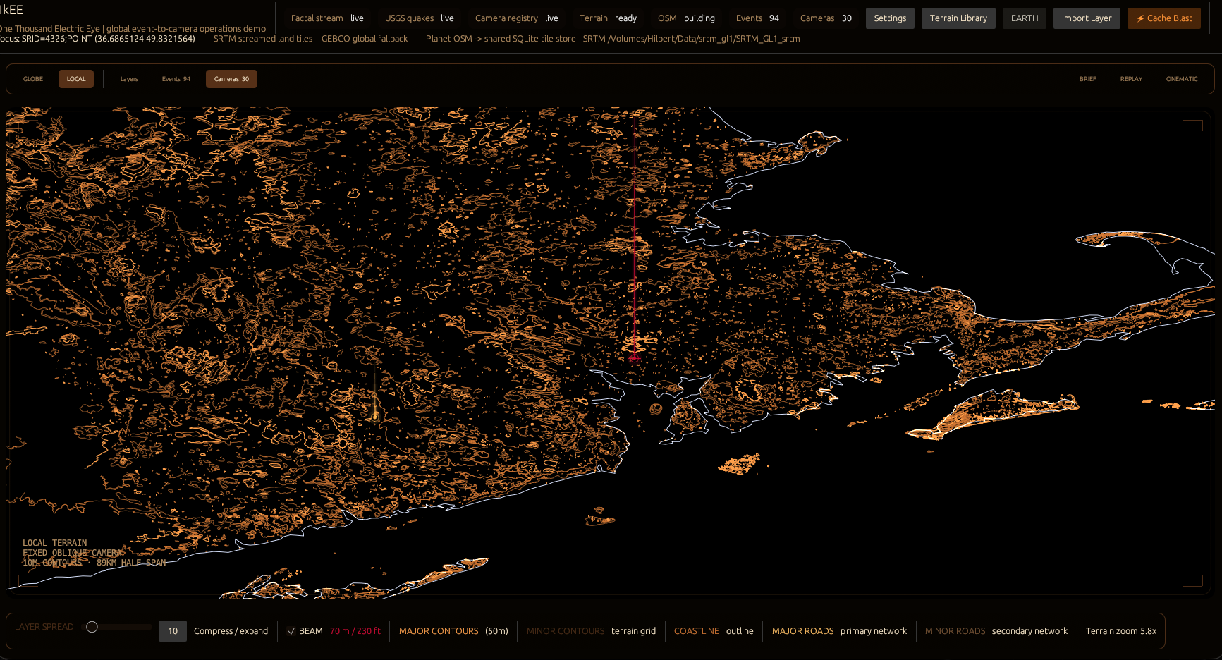 Local terrain view with elevation contours and coastline outlines.