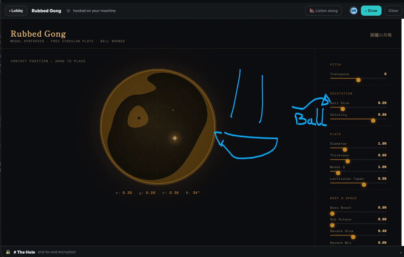 Physical Gong Sim, served from the laptop that made it, with the whiteboard and the encrypted chat drawer composited over the top