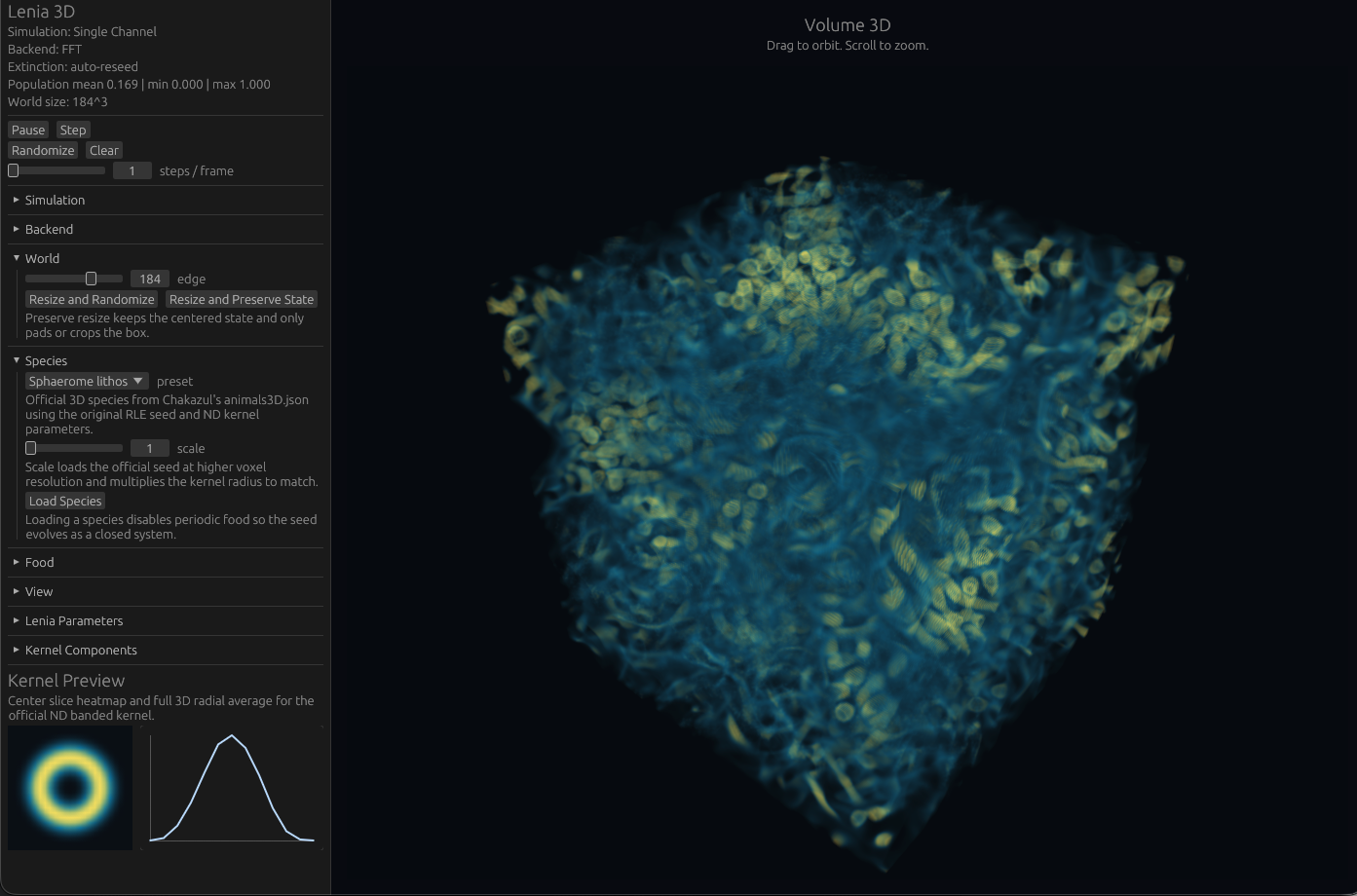 Lenia-3D: a blue-and-gold volume beside species, world, simulation, and kernel controls.