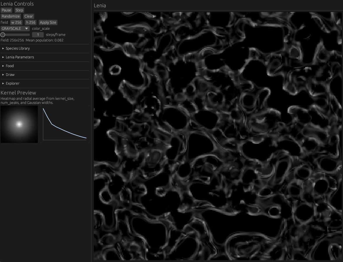 Lenia-Rust: a grayscale cellular field beside simulation controls and a kernel preview.