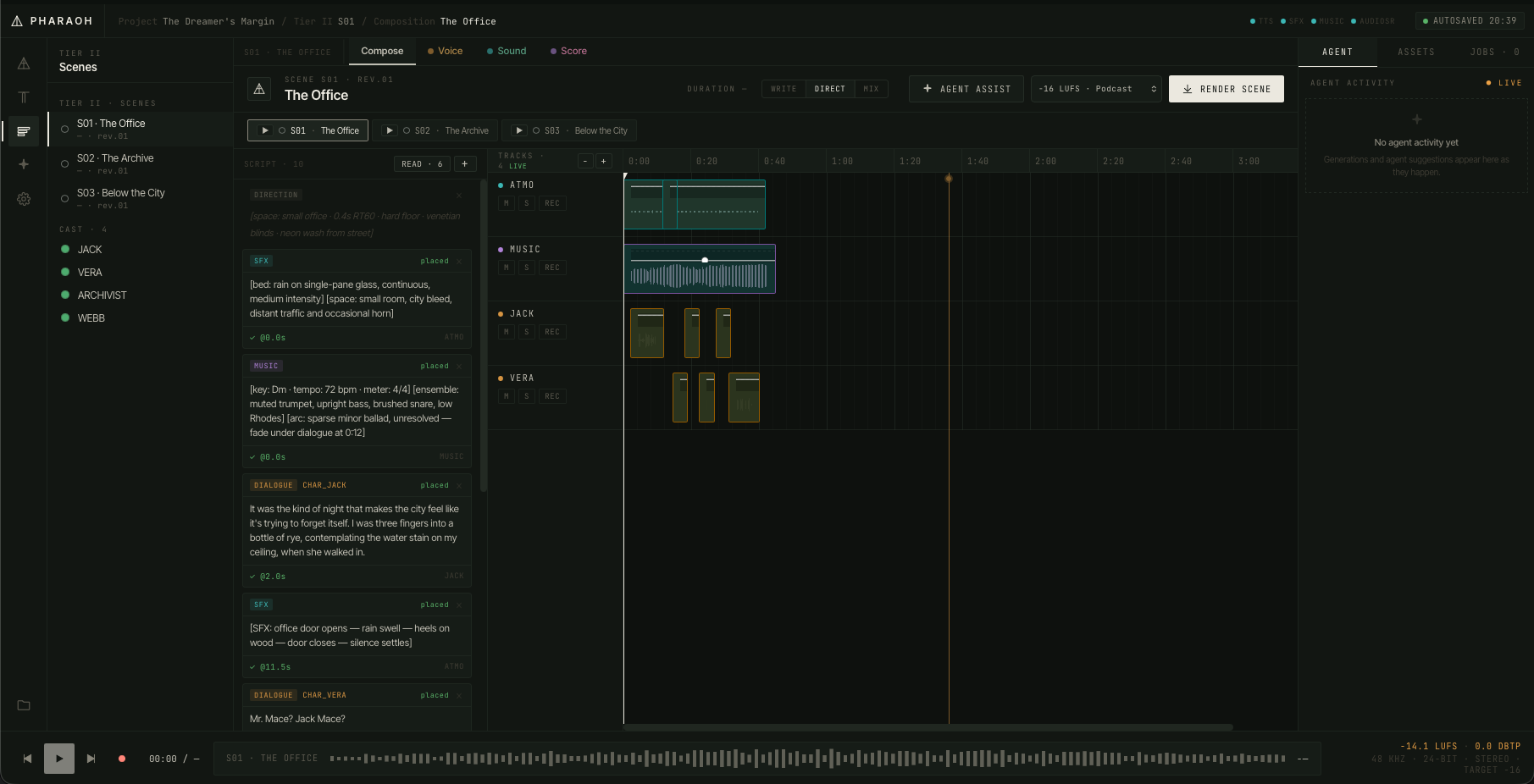 Compose mode. Script rows on the left, placed clips on ATMO, MUSIC, JACK and VERA on the right, and the target at −16 LUFS