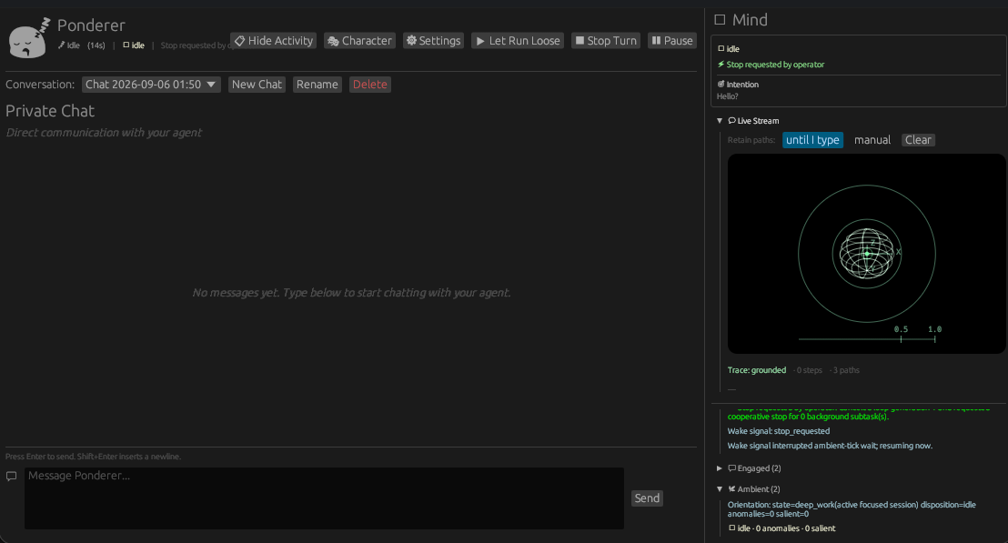 Ponderer's chat interface beside the Mind panel, activity trace, and run controls.